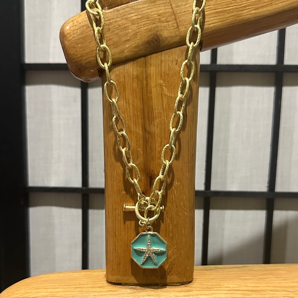 Fornash Gold and Turquoise Starfish Pendant Crystals Necklace Tiffany Clasp